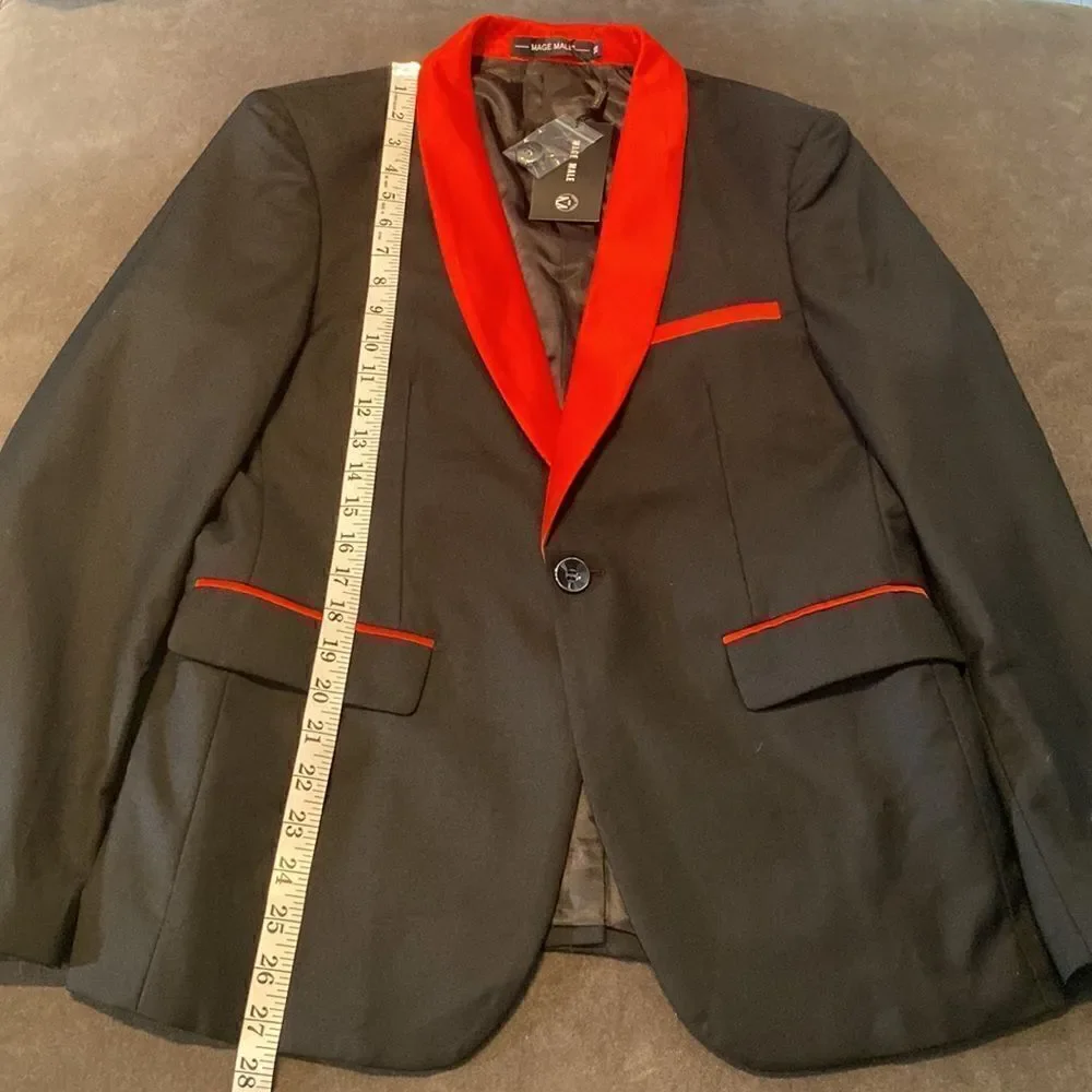 Men’s 3 Piece Slim Fit Tuxedo Black with Red Detail Shawl Lapel Size XS NWT
